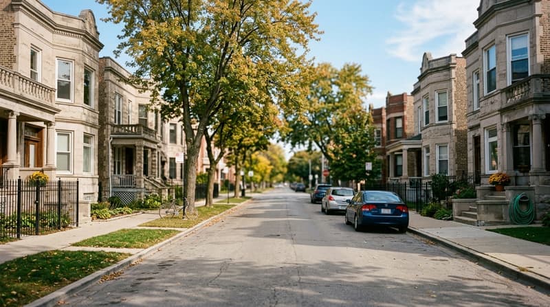 Logan Square, Chicago, IL, illustrative neighborhood scene